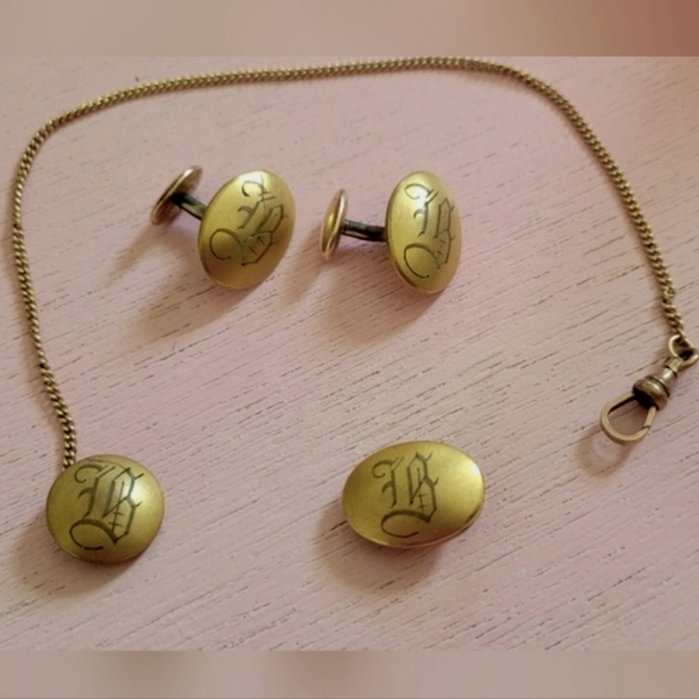 Antique Victorian mens gold filled pocket watch fob tie cufflinks B monogram set